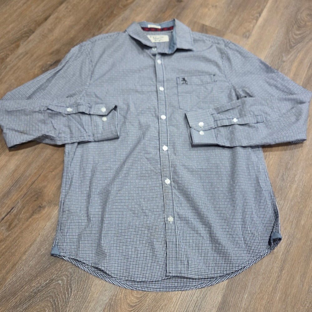 Original Penguin Mens Heritage Slim Fit Gingham Dot Button Down Shirt Navy M